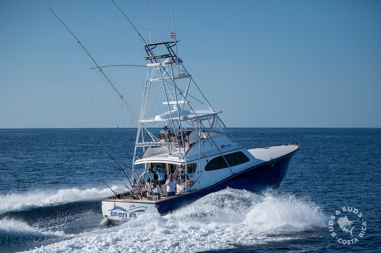 Open Fly, a 50-foot sportfishing boat, underway off Costa Rica